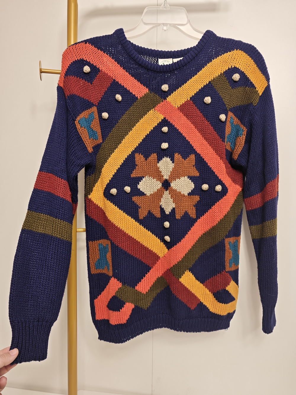 Colter Bay Navy Geometric Crewneck Sweater Multicolor Bobble Accent Vintage 1989